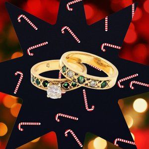 Vintage Custom 14k 1.08ct Diamond Emerald Wedding Ring Set